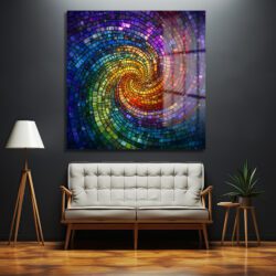 Koyu gri bir duvarda asılı, parlak ve canlı renkte mozaik spiral desenine sahip büyük bir cam tablo. Tablo, gökkuşağı renklerinde küçük cam parçacıklarının spiral şeklinde dizilmesiyle oluşan dinamik bir girdap deseni sergiliyor. Tablonun altında bej renkli, modern bir iki kişilik kanepe yer alıyor. Solunda ahşap ayaklı beyaz bir lamba, sağında ise yeşil bitkili ahşap bir sehpa bulunuyor. Zemin parlak ahşap parkeden oluşuyor.