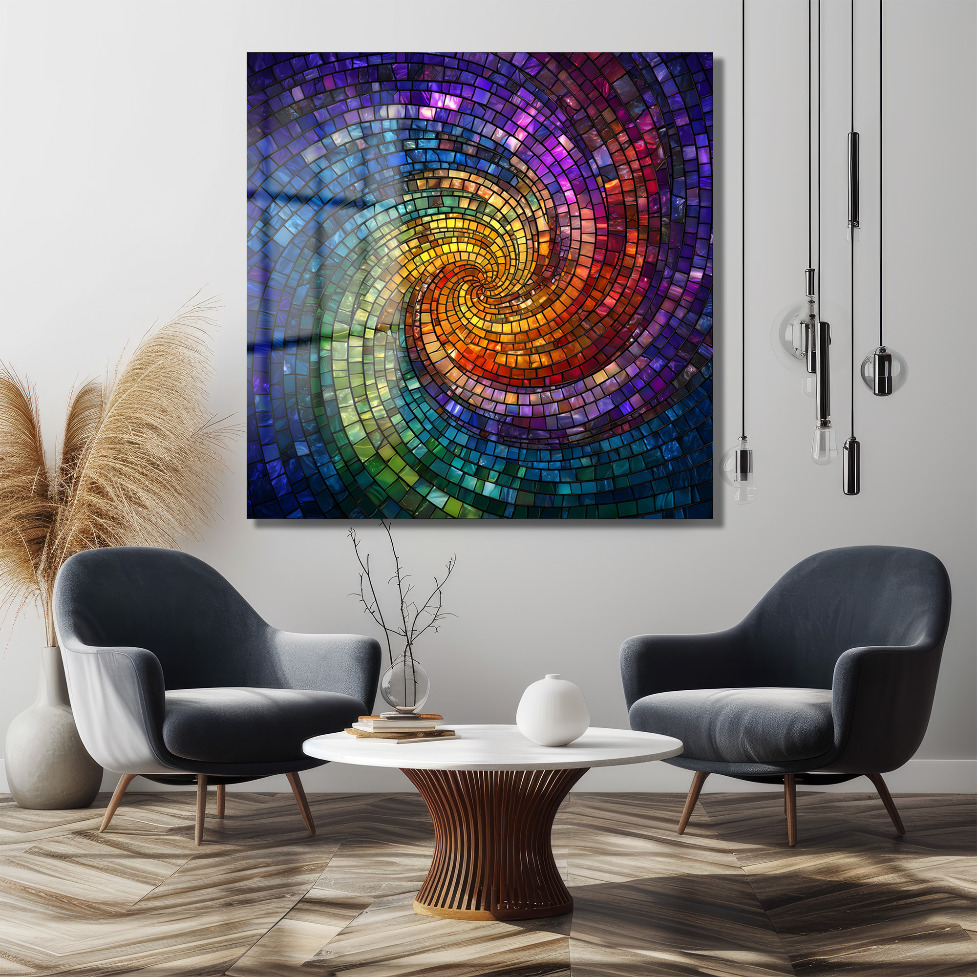 Gökkuşağı Mozaik Spiral Cam Tablo | Enerjik Renklerle Mekanlara Dinamizm - Glazella Gökkuşağı Mozaik Spiral Cam Tablo | Enerjik Renklerle Mekanlara Dinamizm - Glazella
