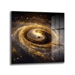 Kozmik Yin-Yang Galaksi Cam Tablo | Altın Işıltılı Evren Sanatı