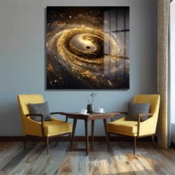Kozmik Yin-Yang Galaksi Cam Tablo | Altın Işıltılı Evren Sanatı