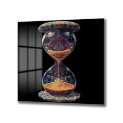 Siyah arka plan üzerinde mor, turuncu, mavi ve sarı tonlarında karmaşık, psychedelic desenlerle süslenmiş, sanatsal bir kum saati cam tablo. Kum saatinin içinde parıldayan altın rengi kumlar akıyor gibi görünüyor, derinlik ve mistik bir hava katıyor.