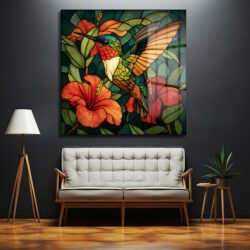 Vitray Sanatı Kolibri ve Hibiskus Cam Tablo Duvar Dekoru Vitray Sanatı Kolibri ve Hibiskus Cam Tablo