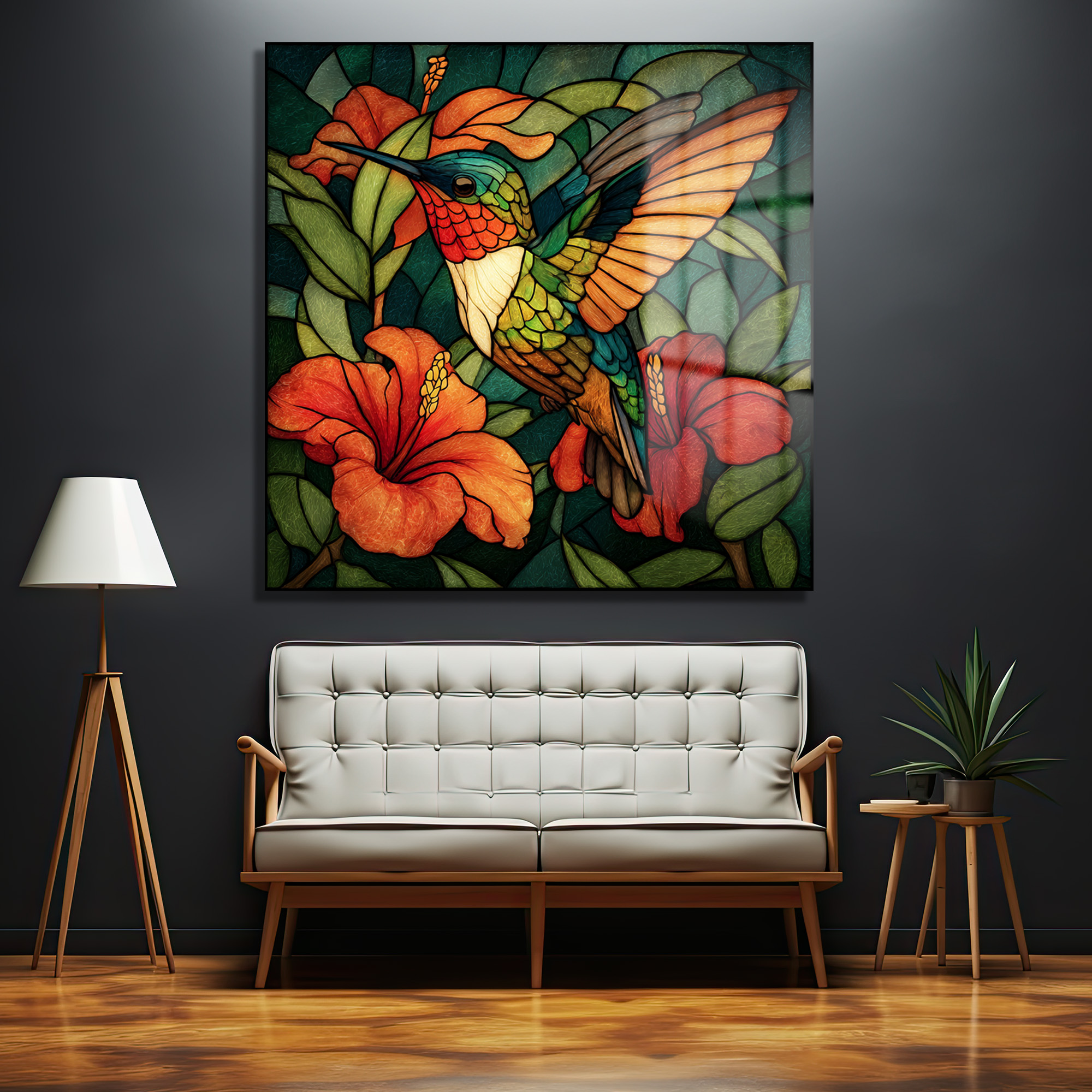 Vitray Sanatı Kolibri ve Hibiskus Cam Tablo Duvar Dekoru Vitray Sanatı Kolibri ve Hibiskus Cam Tablo