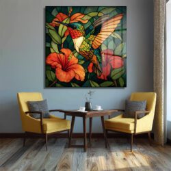 Vitray Sanatı Kolibri ve Hibiskus Cam Tablo Duvar Dekoru Vitray Sanatı Kolibri ve Hibiskus Cam Tablo