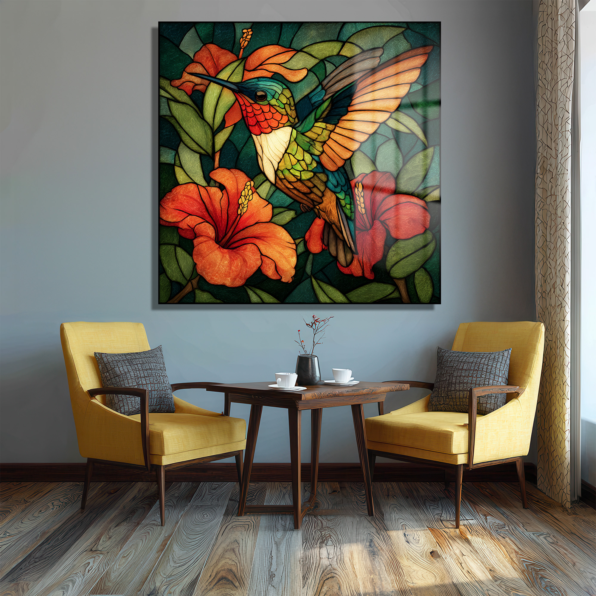 Vitray Sanatı Kolibri ve Hibiskus Cam Tablo Duvar Dekoru Vitray Sanatı Kolibri ve Hibiskus Cam Tablo