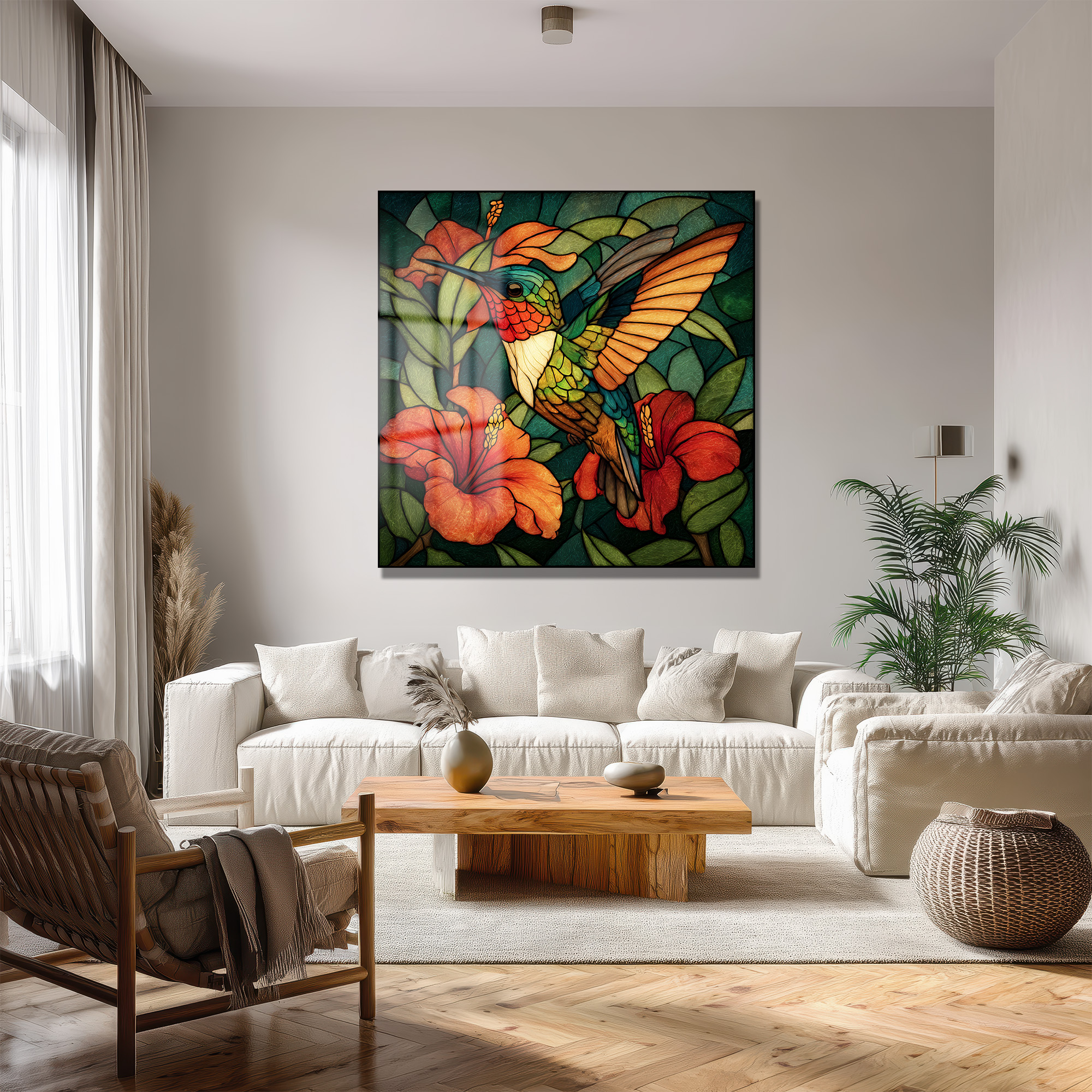 Vitray Sanatı Kolibri ve Hibiskus Cam Tablo Duvar Dekoru Vitray Sanatı Kolibri ve Hibiskus Cam Tablo