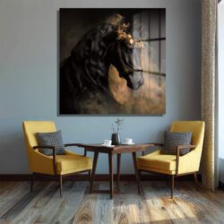 Altın Taçlı Siyah At Cam Tablo - Glazella Sanat Eseri