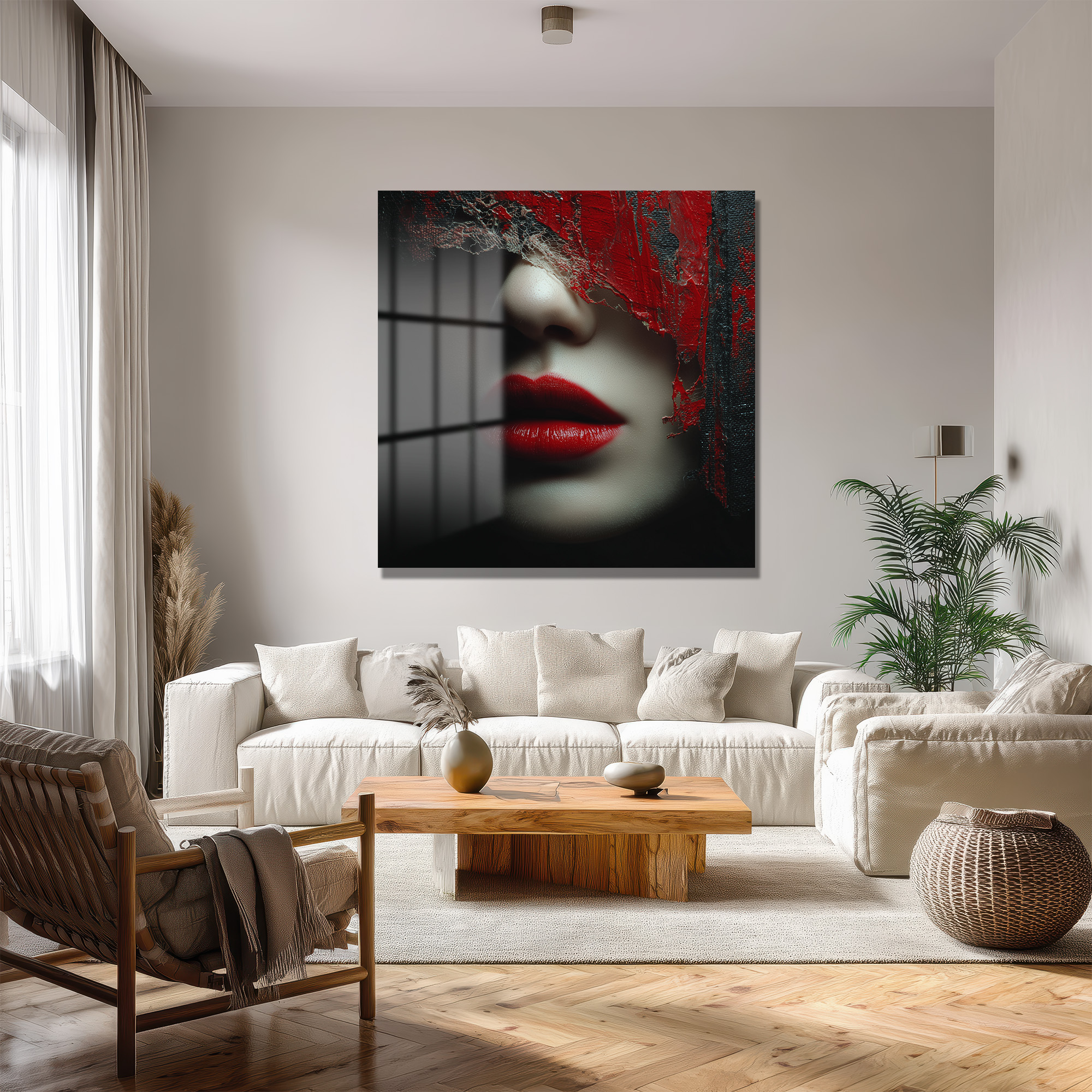 Gizemli Kırmızı Dudaklar Modern Soyut Sanat Cam Tablo Duvar Dekoru Gizemli Kırmızı Dudaklar Modern Soyut Sanat Cam Tablo