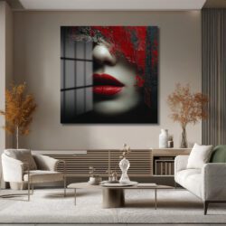 Gizemli Kırmızı Dudaklar Modern Soyut Sanat Cam Tablo Duvar Dekoru Gizemli Kırmızı Dudaklar Modern Soyut Sanat Cam Tablo