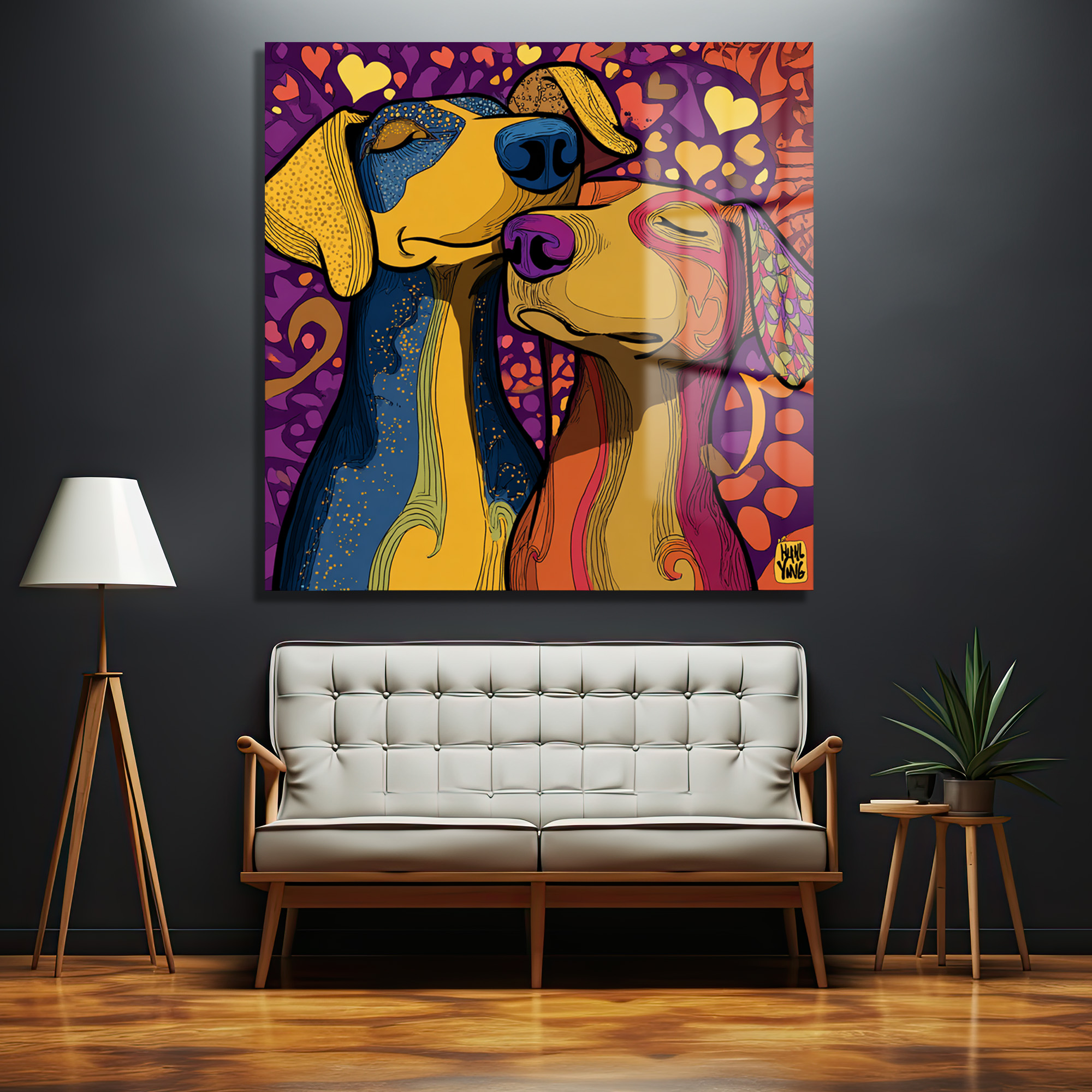 Aşk Dolu Köpekler Temalı Canlı Renkli Modern Cam Tablo Duvar Dekoru Aşk Dolu Köpekler Temalı Canlı Renkli Modern Cam Tablo
