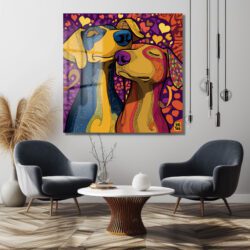 Aşk Dolu Köpekler Temalı Canlı Renkli Modern Cam Tablo Duvar Dekoru Aşk Dolu Köpekler Temalı Canlı Renkli Modern Cam Tablo