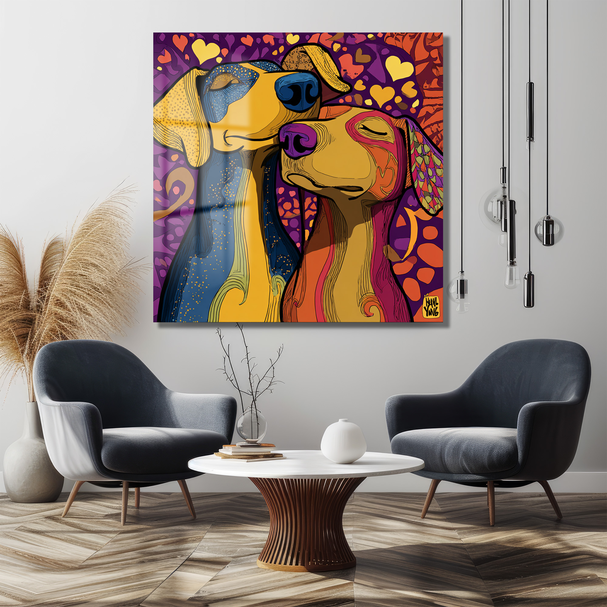 Aşk Dolu Köpekler Temalı Canlı Renkli Modern Cam Tablo Duvar Dekoru Aşk Dolu Köpekler Temalı Canlı Renkli Modern Cam Tablo