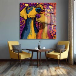 Aşk Dolu Köpekler Temalı Canlı Renkli Modern Cam Tablo Duvar Dekoru Aşk Dolu Köpekler Temalı Canlı Renkli Modern Cam Tablo