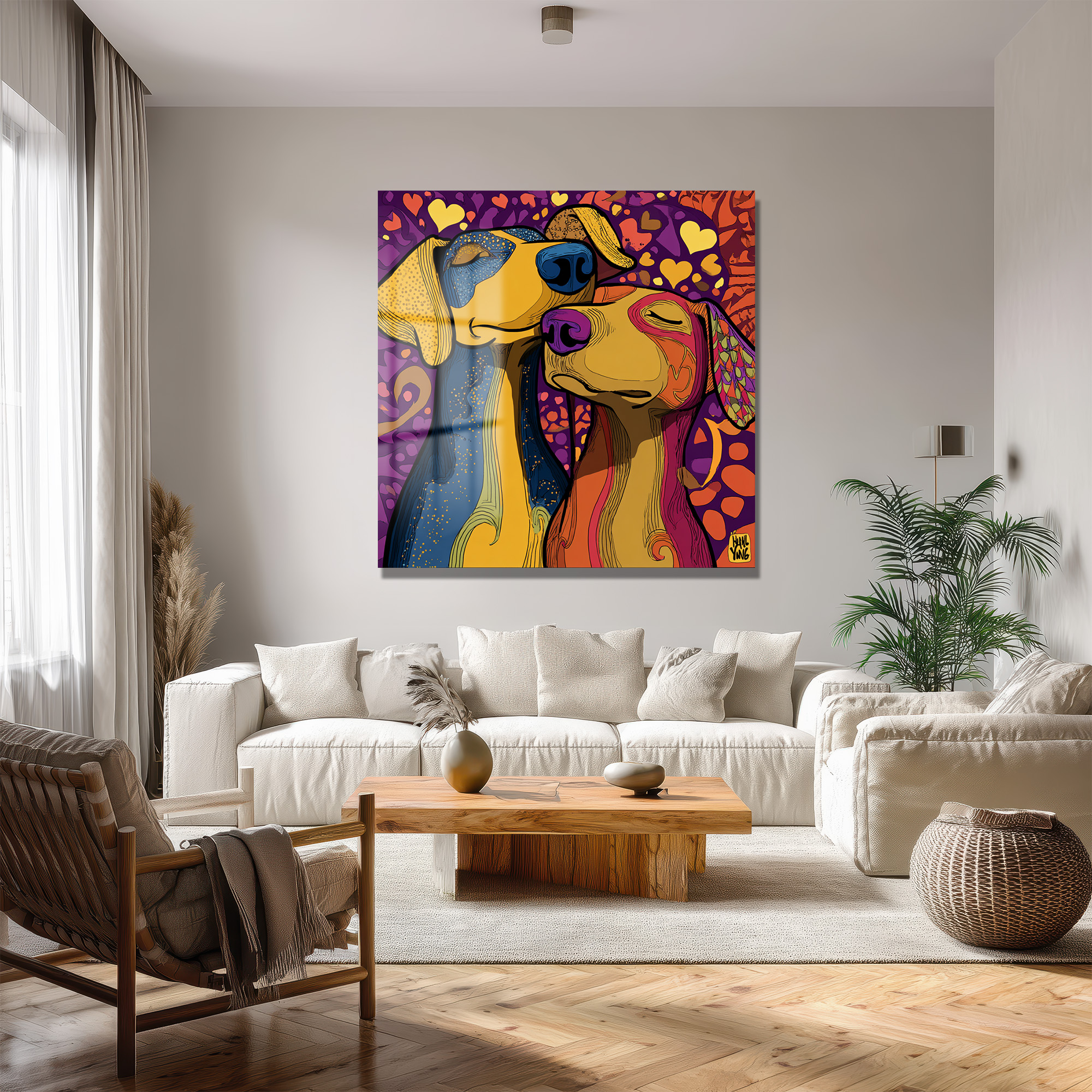 Aşk Dolu Köpekler Temalı Canlı Renkli Modern Cam Tablo Duvar Dekoru Aşk Dolu Köpekler Temalı Canlı Renkli Modern Cam Tablo