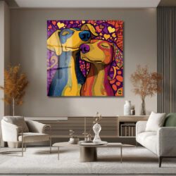 Aşk Dolu Köpekler Temalı Canlı Renkli Modern Cam Tablo Duvar Dekoru Aşk Dolu Köpekler Temalı Canlı Renkli Modern Cam Tablo