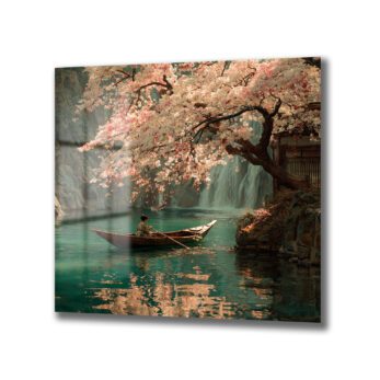 Sakura Çiçekleri ve Tekne: Huzurlu Japon Manzarası Cam Tablo - Glazella