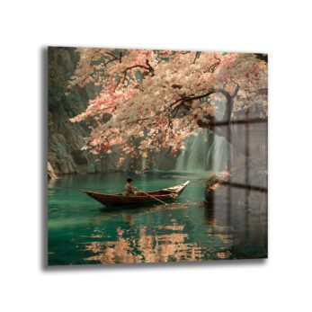 Sakura Çiçekleri ve Tekne: Huzurlu Japon Manzarası Cam Tablo - Glazella