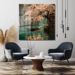 Sakura Çiçekleri ve Tekne: Huzurlu Japon Manzarası Cam Tablo Duvar Dekoru Sakura Çiçekleri ve Tekne: Huzurlu Japon Manzarası Cam Tablo