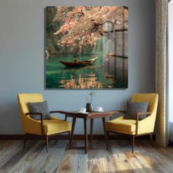 Sakura Çiçekleri ve Tekne: Huzurlu Japon Manzarası Cam Tablo Duvar Dekoru Sakura Çiçekleri ve Tekne: Huzurlu Japon Manzarası Cam Tablo