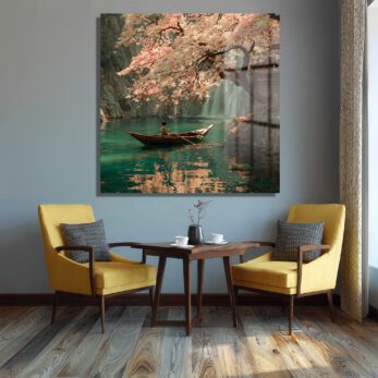 Sakura Çiçekleri ve Tekne: Huzurlu Japon Manzarası Cam Tablo - Glazella