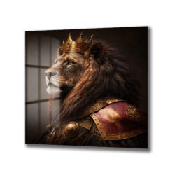 Aslan Kral Taçlı Zırhlı Cam Tablo - Duvar Sanatı - Glazella