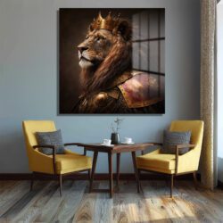Aslan Kral Taçlı Zırhlı Cam Tablo - Duvar Sanatı Duvar Dekoru Aslan Kral Taçlı Zırhlı Cam Tablo - Duvar Sanatı