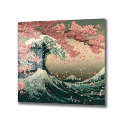 Büyük bir dalganın pembe sakura çiçekleri ve düşen yapraklarla birleştiği, Japon tarzı çizimle Fuji Dağı'nın uzakta görüldüğü, yeşil ve pembe tonlarında bir cam tablo.