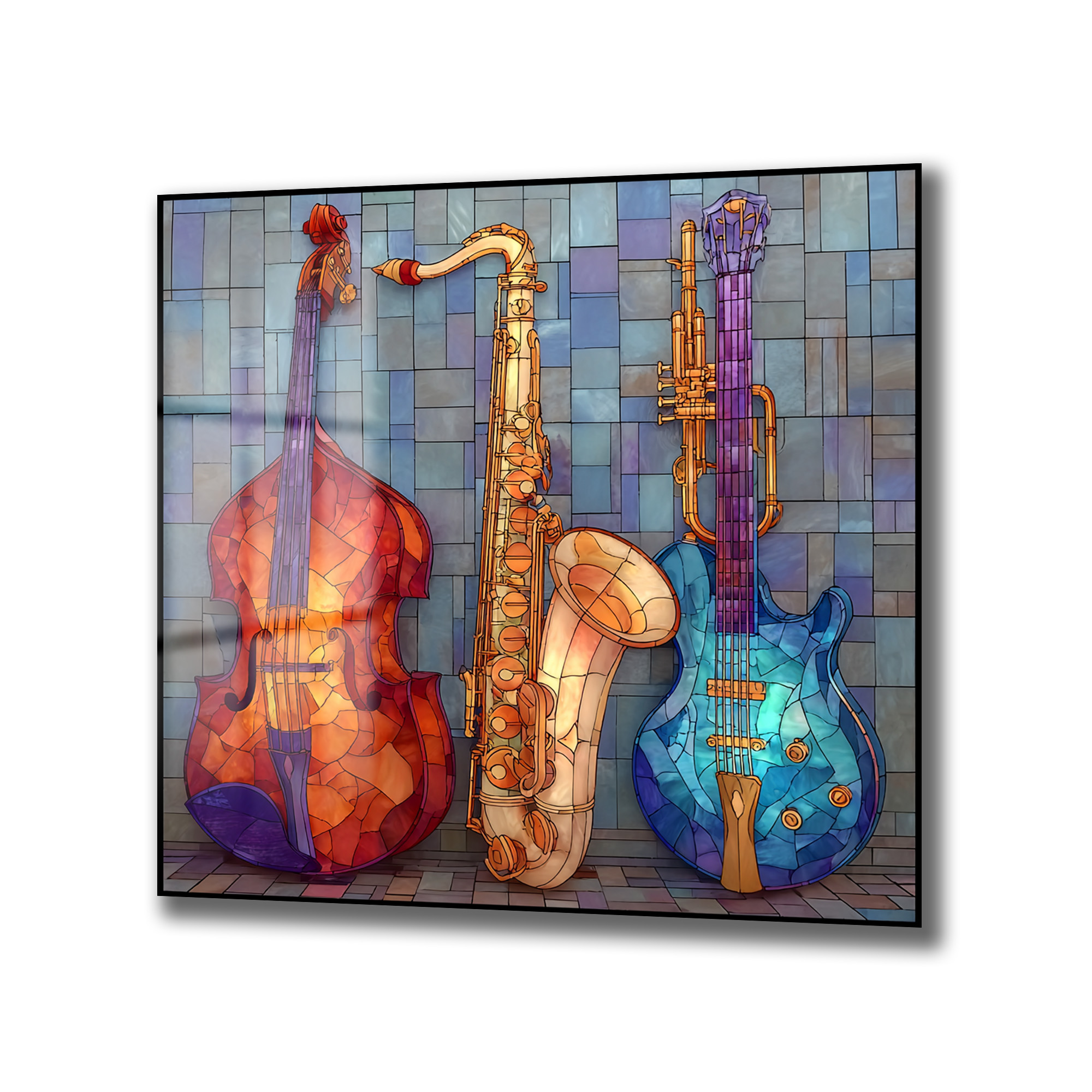 Caz Ritimleri Cam Tablo: Müzik ve Renklerin Büyüleyici Dansı Duvar Dekoru Vitray sanatıyla işlenmiş, canlı renklerde bir kontrbas, saksafon ve elektro gitarın yer aldığı cam tablo. Müzik aletleri mozaik desenlerle süslenmiş, arka planında mavi tonlarında karolar bulunuyor.