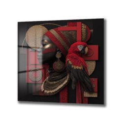 Afrika Kraliçesi ve Papağan Cam Tablo | Kırmızı & Altın Modern Sanat Duvar Dekoru Afrika Kraliçesi ve Papağan Cam Tablo | Kırmızı & Altın Modern Sanat