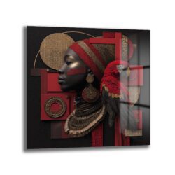 Afrika Kraliçesi ve Papağan Cam Tablo | Kırmızı & Altın Modern Sanat Duvar Dekoru Afrika Kraliçesi ve Papağan Cam Tablo | Kırmızı & Altın Modern Sanat