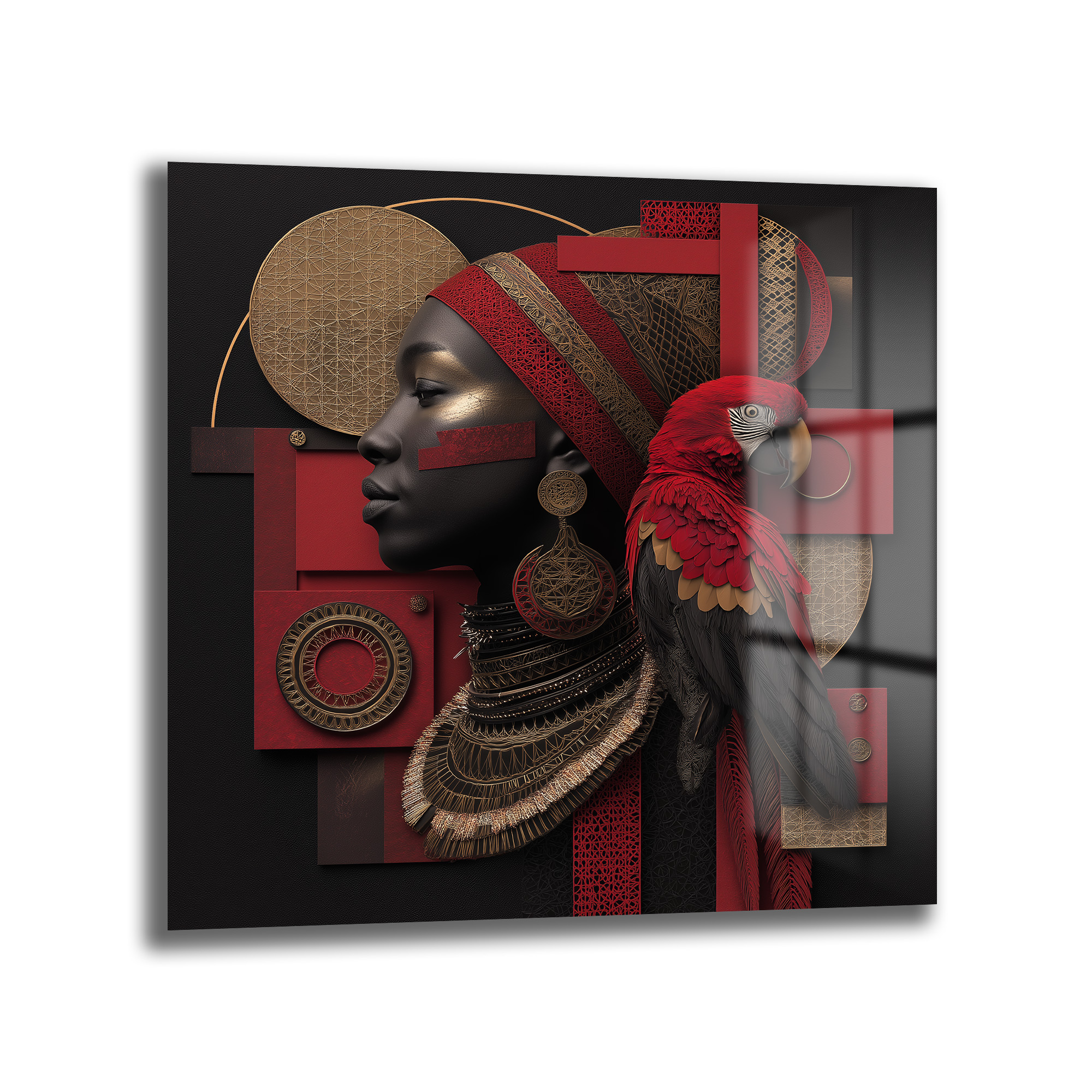 Afrika Kraliçesi ve Papağan Cam Tablo | Kırmızı & Altın Modern Sanat Duvar Dekoru Afrika Kraliçesi ve Papağan Cam Tablo | Kırmızı & Altın Modern Sanat