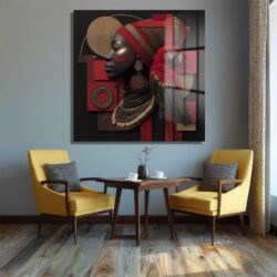 Afrika Kraliçesi ve Papağan Cam Tablo | Kırmızı & Altın Modern Sanat Duvar Dekoru Afrika Kraliçesi ve Papağan Cam Tablo | Kırmızı & Altın Modern Sanat