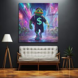 Neon ışıklarla aydınlatılmış bir şehir sokağında, dolar işaretli tişört giyen, şapkalı Pepe the Frog'un karizmatik yürüyüşünü gösteren dijital sanat eseri. Arkasında onu takip eden küçük kurbağalar ve mor, pembe, mavi renklerdeki parlayan tabelalar dikkat çekiyor. Yansımalı ıslak zemin sokağa derinlik katıyor.
