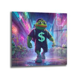 Pepe the Frog Neon Işıklar Altında: Dijital Sanat Cam Tablo Duvar Dekoru Pepe the Frog Neon Işıklar Altında: Dijital Sanat Cam Tablo