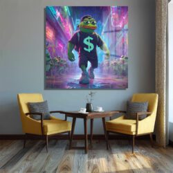 Pepe the Frog Neon Işıklar Altında: Dijital Sanat Cam Tablo Duvar Dekoru Pepe the Frog Neon Işıklar Altında: Dijital Sanat Cam Tablo