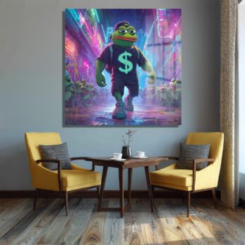 Pepe the Frog Neon Işıklar Altında: Dijital Sanat Cam Tablo - Glazella