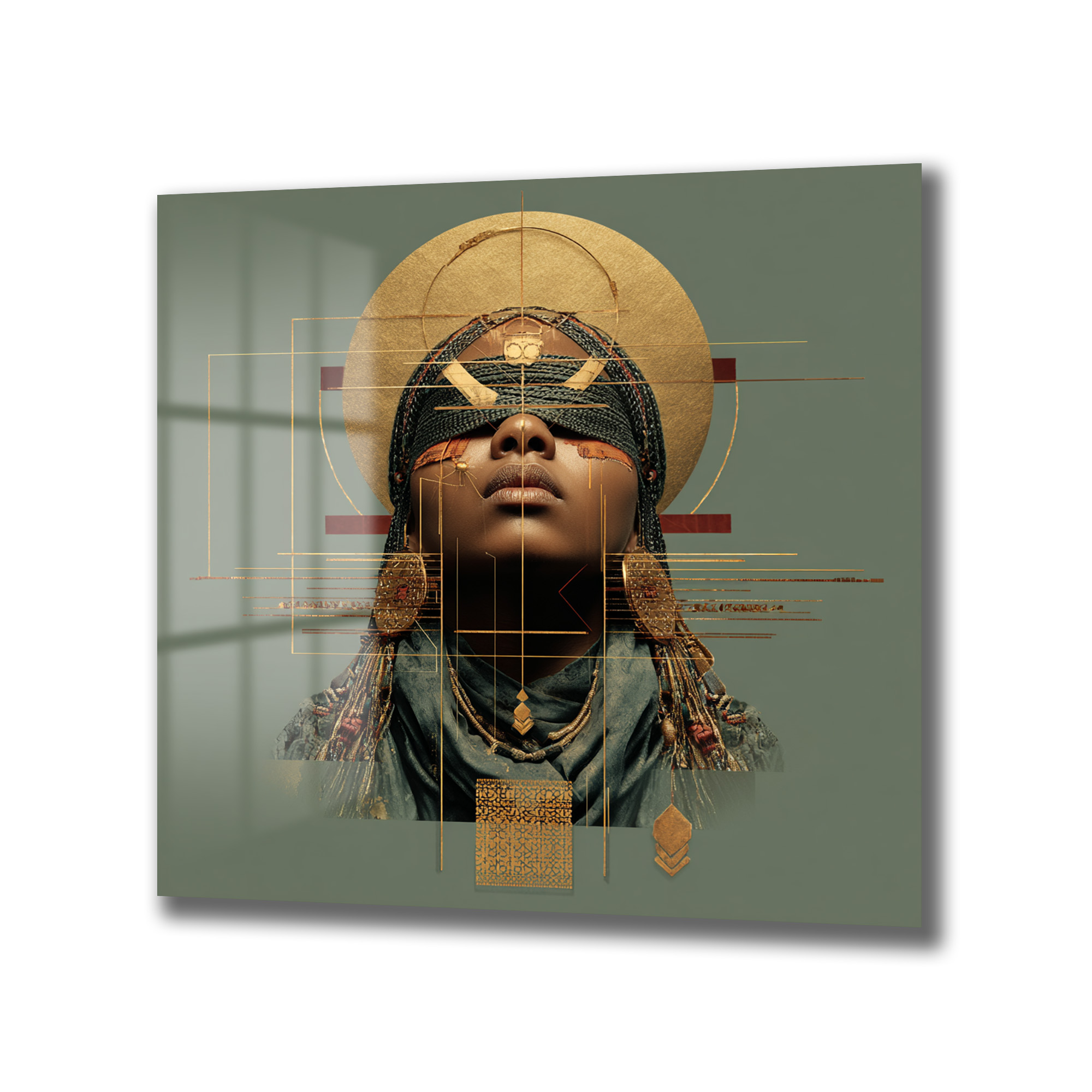 Afrofuturizm Bilgelik Portresi Dekoratif Cam Tablo Duvar Dekoru Koyu yeşil arka plan üzerinde, gözleri bağlı, altın detaylı örgülü saçları ve takıları olan, Afrofuturistik tarzda bilge bir kadının soyut portresi. Altın geometrik çizgiler ve dairelerle çevrili, modern bir cam tablo.