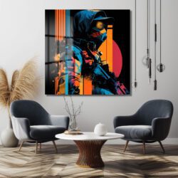 Urban Taktik Sanat: Neon Renklerde Hoodlu Figür Cam Tablo Duvar Dekoru Urban Taktik Sanat: Neon Renklerde Hoodlu Figür Cam Tablo