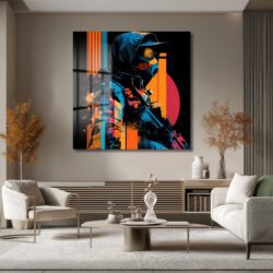 Urban Taktik Sanat: Neon Renklerde Hoodlu Figür Cam Tablo Duvar Dekoru Urban Taktik Sanat: Neon Renklerde Hoodlu Figür Cam Tablo