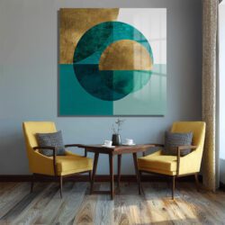 Asil Turkuaz ve Altın Detaylı Geometrik Cam Tablo Duvar Dekoru Asil Turkuaz ve Altın Detaylı Geometrik Cam Tablo