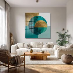 Asil Turkuaz ve Altın Detaylı Geometrik Cam Tablo Duvar Dekoru Asil Turkuaz ve Altın Detaylı Geometrik Cam Tablo