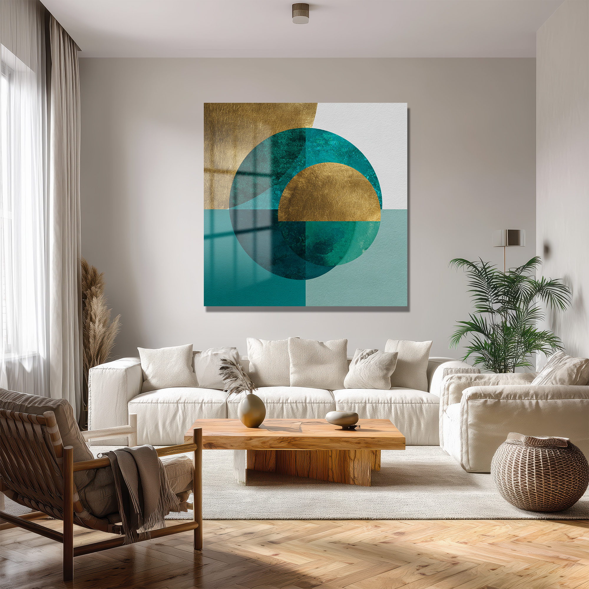 Asil Turkuaz ve Altın Detaylı Geometrik Cam Tablo Duvar Dekoru Asil Turkuaz ve Altın Detaylı Geometrik Cam Tablo