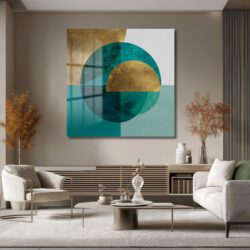 Asil Turkuaz ve Altın Detaylı Geometrik Cam Tablo Duvar Dekoru Asil Turkuaz ve Altın Detaylı Geometrik Cam Tablo