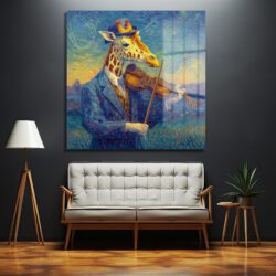 Van Gogh Tarzı Keman Çalan Zürafa Cam Tablo - Glazella