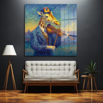 Van Gogh Tarzı Keman Çalan Zürafa Cam Tablo - Glazella