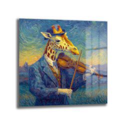 Van Gogh Tarzı Keman Çalan Zürafa Cam Tablo Duvar Dekoru Van Gogh Tarzı Keman Çalan Zürafa Cam Tablo