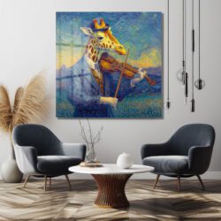 Van Gogh Tarzı Keman Çalan Zürafa Cam Tablo Duvar Dekoru Van Gogh Tarzı Keman Çalan Zürafa Cam Tablo