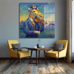 Van Gogh Tarzı Keman Çalan Zürafa Cam Tablo Duvar Dekoru Van Gogh Tarzı Keman Çalan Zürafa Cam Tablo