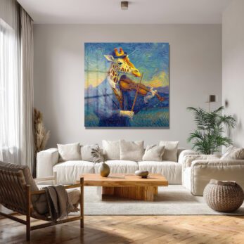 Van Gogh Tarzı Keman Çalan Zürafa Cam Tablo - Glazella