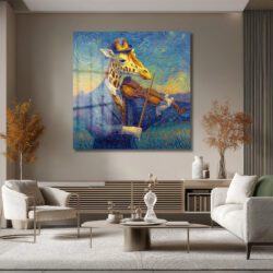 Van Gogh Tarzı Keman Çalan Zürafa Cam Tablo Duvar Dekoru Van Gogh Tarzı Keman Çalan Zürafa Cam Tablo